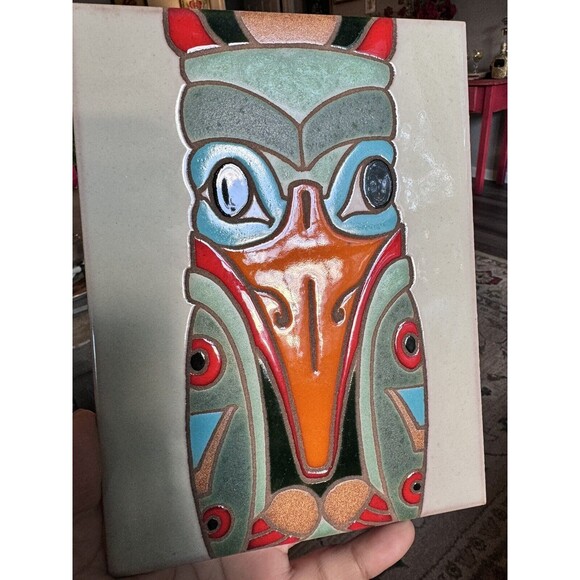 VTG 1988 Santa Fe Art Tile Cormorant Totem 6”x8” KWAKUITL Hand Painted Trivet - Picture 4 of 4